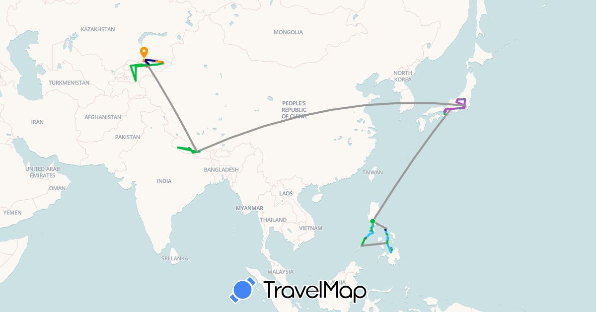 TravelMap itinerary: driving, bus, plane, train, hiking, boat, hitchhiking, motorbike in Japan, Kyrgyzstan, Nepal, Philippines (Asia)